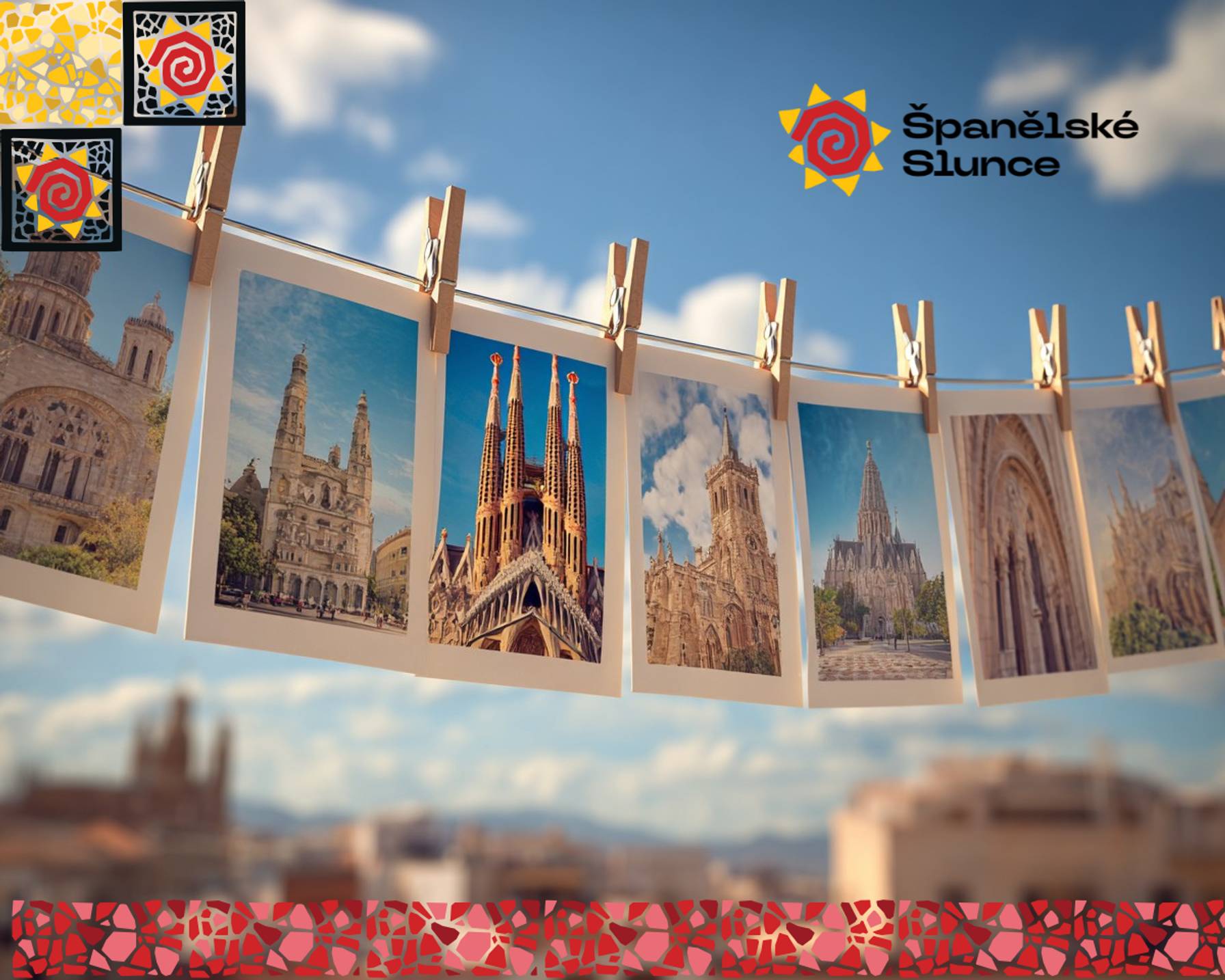 Fotografie nejkrásnějších španělských památek visí na šňůře, na pozadí slunečná obloha a španělské město.